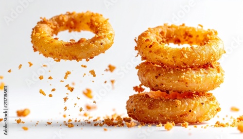Delicious crispy breaded onion rings with one levitating above a stack against a white background