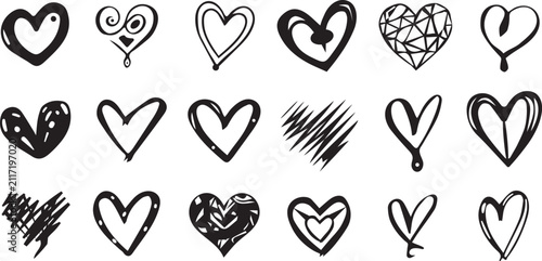 Artistic hand drawn heart vector set, geometric and swirl line art heart icons isolated on white background for wedding creative projects