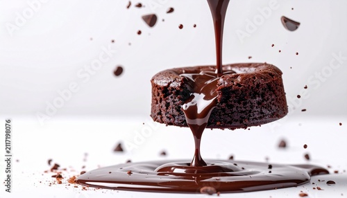 Gourmet Chocolate Lava Cake Floating in the Air with Liquid Melting Chocolate Pouring Down on White Background