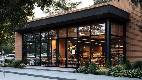 Modern cafe exterior with large glass windows, showcasing interior seating and lighting.