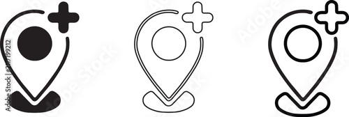 Map location pin with plus sign icon set, add location marker vector icons in filled, thin line, and bold outline styles isolated on white background for mobile app and web design