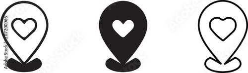 ee75Map pin location icon set with heart love symbol, favorite place mark vector icons in filled, bold, and thin outline styles isolated on white background for app UI and navigation