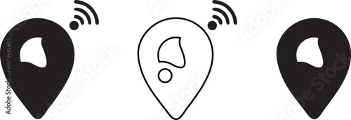 Map pin location icon set with signal wifi symbol, GPS tracking position marker vector icons in filled and outline style isolated on white background for navigation app and website UI