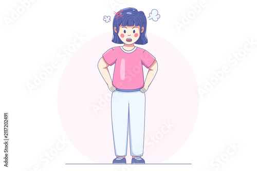 Young girl standing with hands on hips, showing an angry facial expression and frustration 