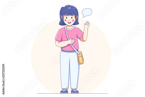 Friendly young girl waving while speaking with a speech bubble, expressing greeting and communication