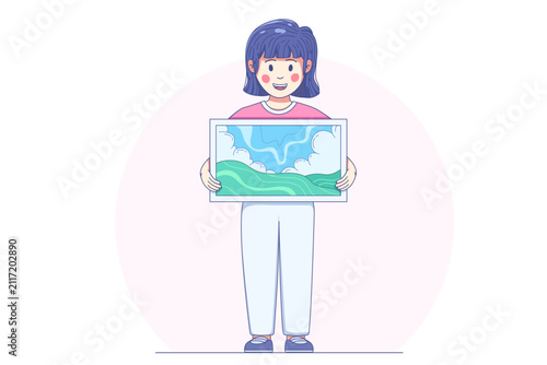 girl proudly showing her drawing in elementary school art class education concept
