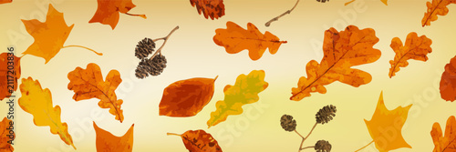 Autumn leaves seamless pattern, oak tree foliage vector background