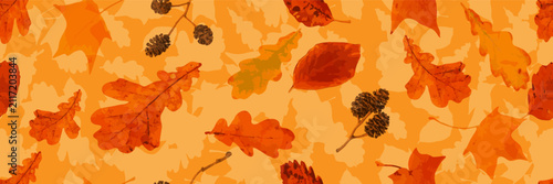 Autumn leaves seamless pattern, oak tree foliage vector background