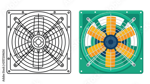 Ventilation fan flat vector illustration with colored and outline versions