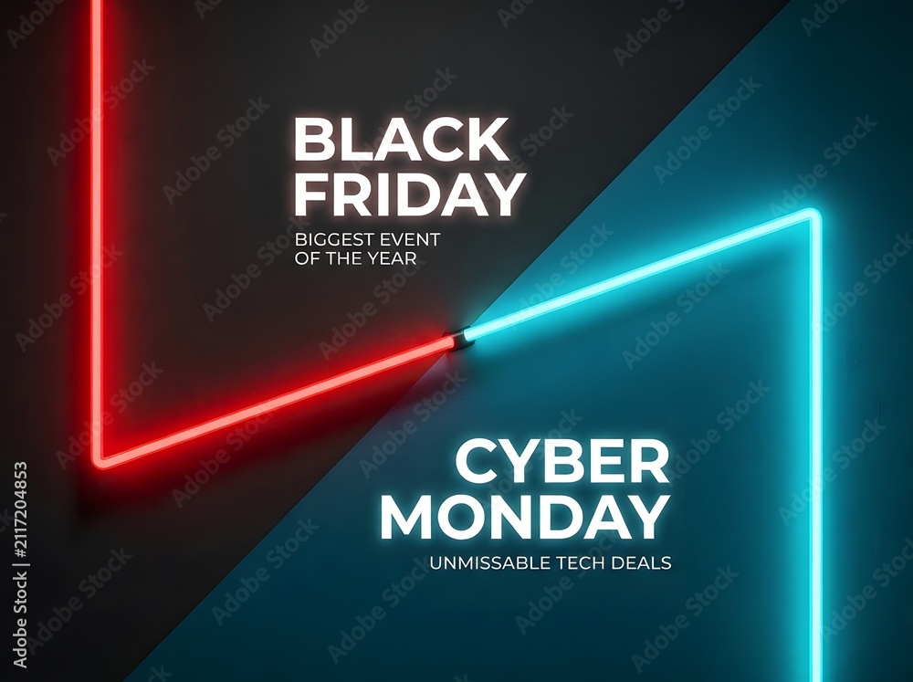 Fototapeta premium Modern promotional background featuring glowing red and blue neon light lines for black friday and cyber monday seasonal retail sales and marketing events