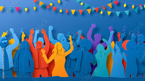 Paper Cut Style Illustration of Diverse Crowd Celebrating