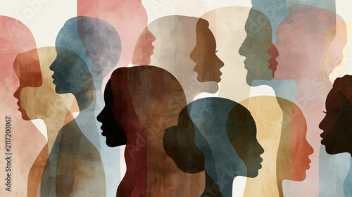 Watercolor Illustration of Diverse Crowd with Overlapping Profiles
