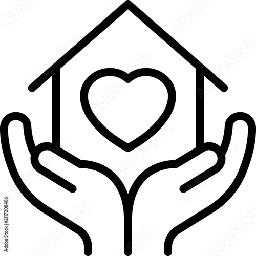 Family caregivers thin line icon, house with heart in hands. Vector illustration of adoption family, retirement, charity support.