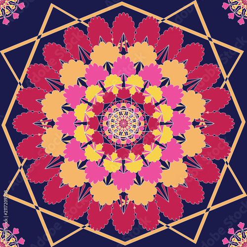 Elegant floral mandala with layered petals in warm pink, peach, and burgundy on a navy background. Ideal for fabric, wallpaper, home décor, wrapping paper, textiles, and digital prints.ท