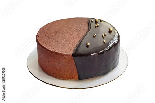 Elegant Mousse Chocolate Cake with Shiny Mirror Glaze on White Background
