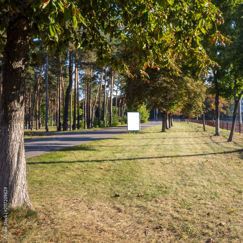 Empty white mockup billboard on a roadside in sunny summer park