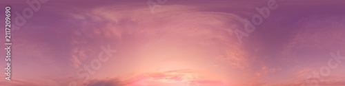 Sunset sky pink clouds panorama featuring a 360 degree view of a colorful twilight atmosphere with soft purple tones