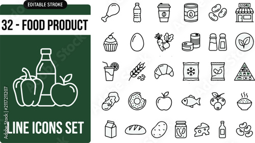 A collection of Food Product icons set with editable stroke . Thin linear vector illustration
