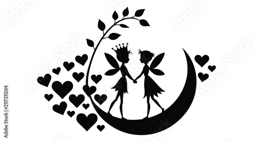 Fairy silhouette vector illustration showing two figures on moon