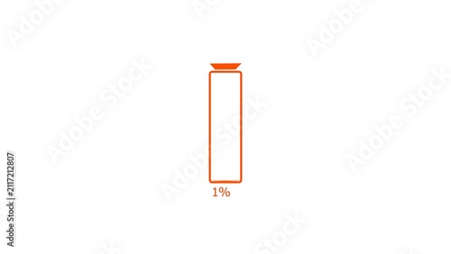 Orange battery charge low warning concept 4k illustration.  Loading 0 to 1 percent complete of a low battery icon. White background 4k illustration. 