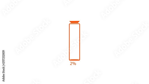 Orange battery charge low warning concept 4k illustration.  Loading 0 to 2 percent complete of a low battery icon. White background 4k illustration. 