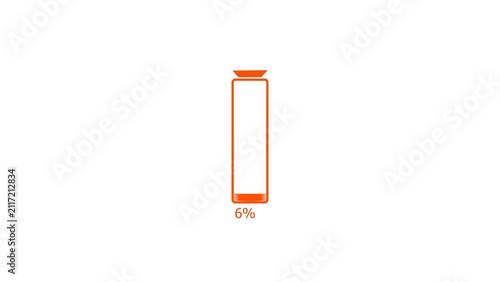 Orange battery charge low warning concept 4k illustration.  Loading 0 to 6 percent complete of a low battery icon. White background 4k illustration. 