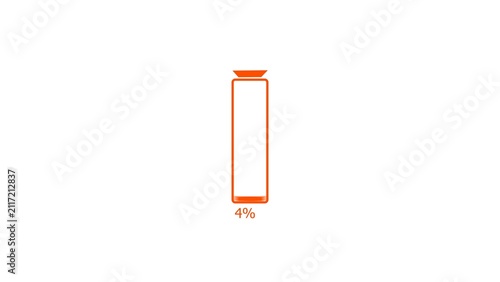 Orange battery charge low warning concept 4k illustration.  Loading 0 to 4 percent complete of a low battery icon. White background 4k illustration. 