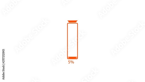 Orange battery charge low warning concept 4k illustration.  Loading 0 to 5 percent complete of a low battery icon. White background 4k illustration. 