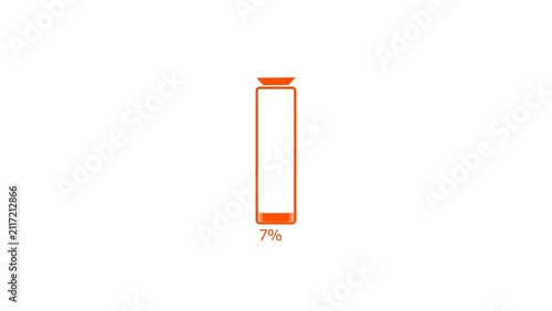 Orange battery charge low warning concept 4k illustration.  Loading 0 to 7 percent complete of a low battery icon. White background 4k illustration. 