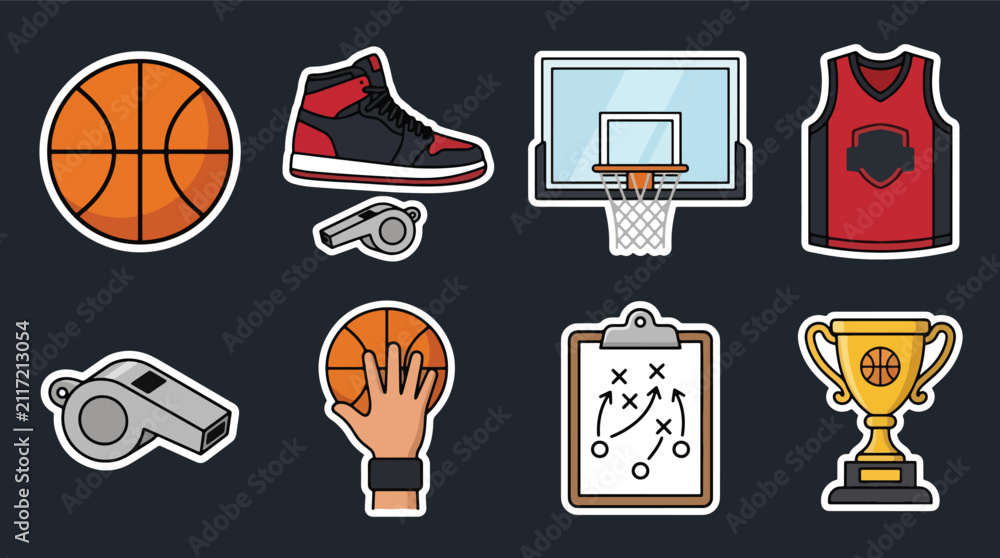 Fototapeta premium Collection set vector illustration of basketball sports equipment stickers in modern flat style. Perfect for fitness, recreation, education, branding, apps, prints and sports themes