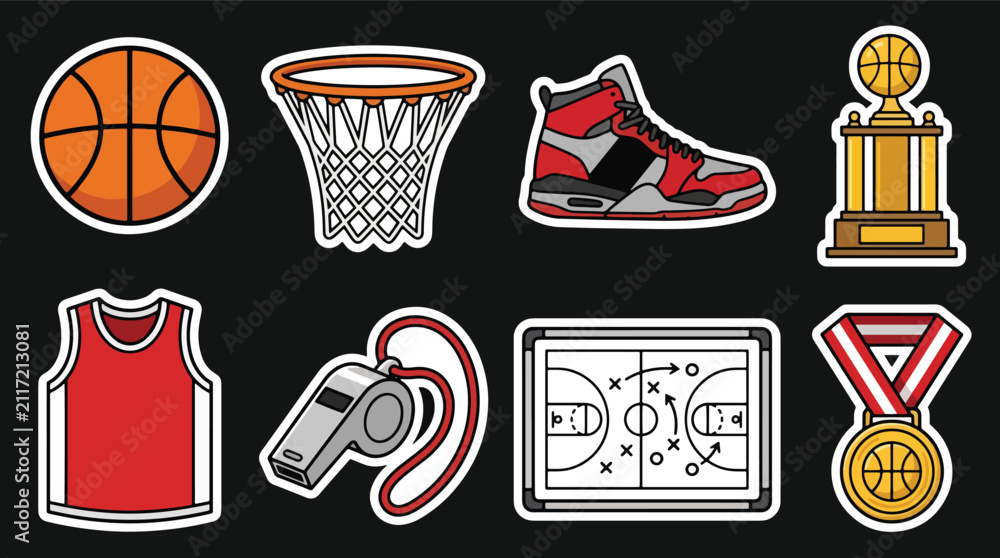 Fototapeta premium Collection set vector illustration of basketball sports equipment stickers in modern flat style. Perfect for fitness, recreation, education, branding, apps, prints and sports themes