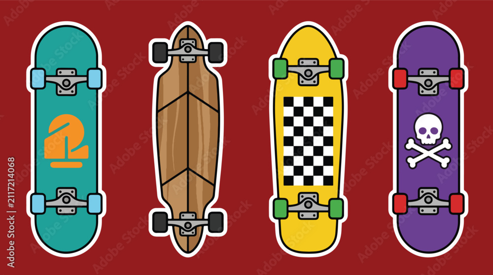 Fototapeta premium Collection set vector illustration of skateboard deck designs in modern flat style. Perfect for street sports, branding, merchandise, education, apps, prints and recreation
