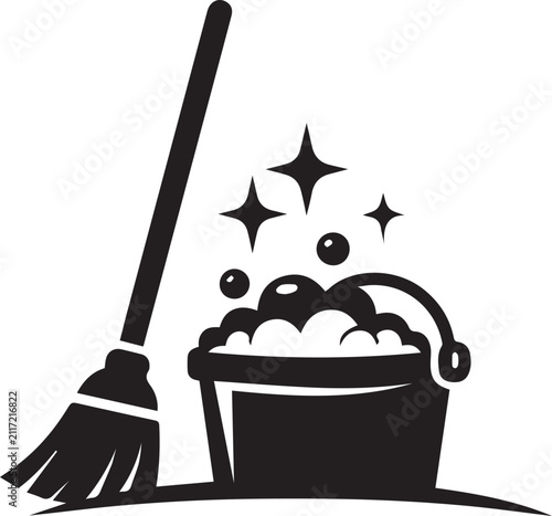 Foto Cleaning broom and soapy bucket icon Vector, illustration