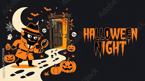 Cartoon witch walking on halloween night with jack o lanterns and spooky decorations And,  Happy halloween 2026, Halloween 2026, Halloween, Halloween design, Halloween Poster Design .