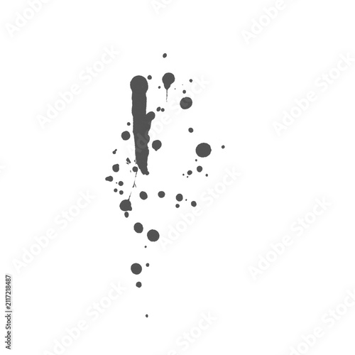 Black Ink Vertical Drip with Drops Abstract Paint Trail on White Background