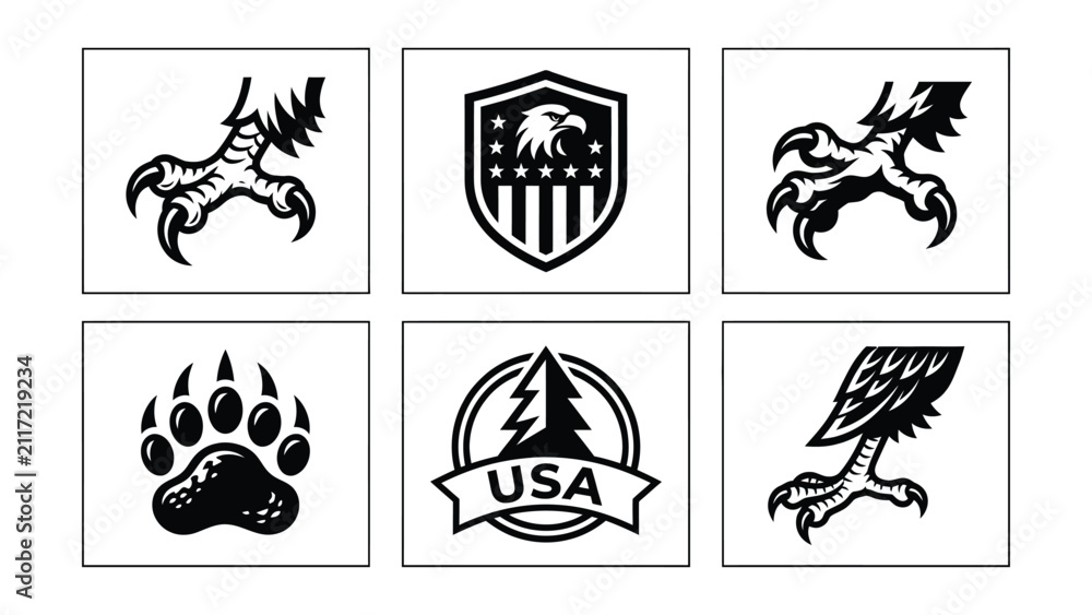 Fototapeta premium Black and White Animal Claw Paw Print and Eagle Shield Symbol Designs