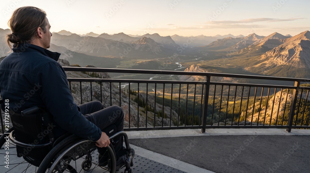 Fototapeta premium Person in wheelchair enjoying scenic mountain view from an observation deck during sunset with wheelchair observing vast landscape sunset outdoor