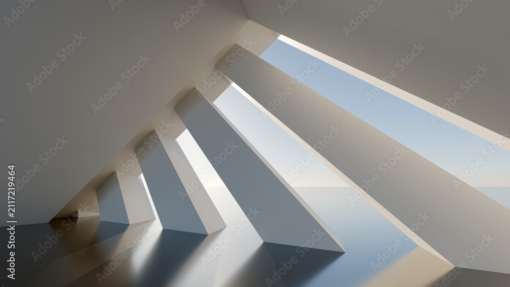 Fototapeta premium Modern minimalist interior 3D rendering with geometric pillars and sunlight, perfect for background, product display, and web design