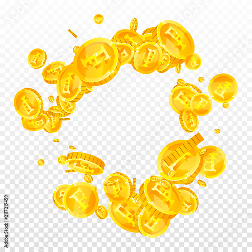 Swiss franc coins falling. Gold scattered CHF