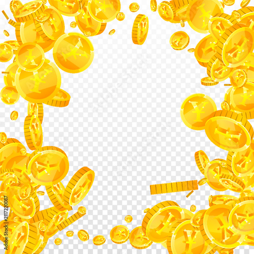 Japanese yen coins falling. Scattered gold JPY
