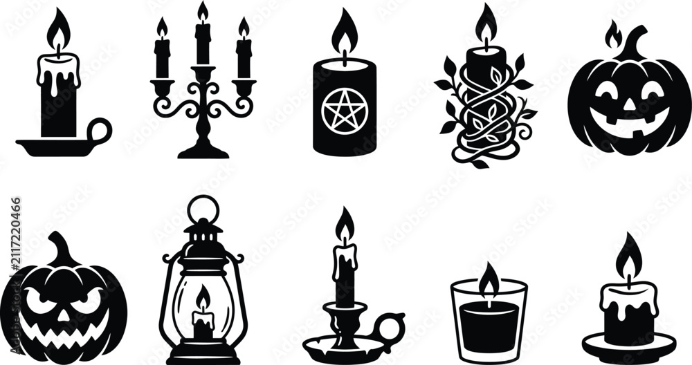 Naklejka premium Set of black and white hand drawn candle and pumpkin icons for halloween and occult themed graphic design projects