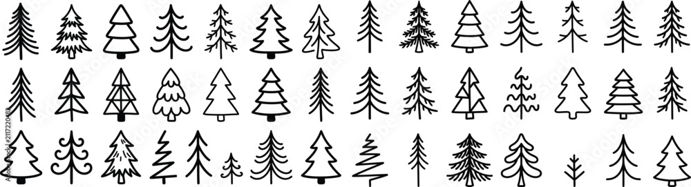 Obraz premium Christmas Tree Outline Icons Set Pine Tree, Fir Tree, Evergreen Forest, Holiday Tree, Minimal Line Vector Collection