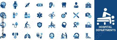 фотографія Hospital Departments Solid Icons Set, Medical Specialties, Clinical Services, He