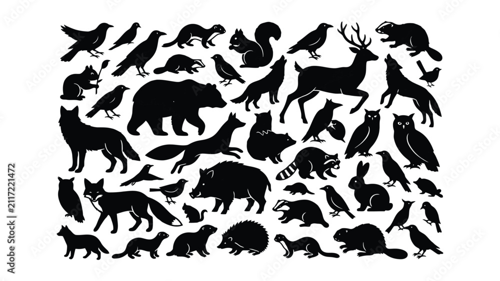 Naklejka premium Collection of Various Wild Animals Silhouettes in Black Transparent Background Design