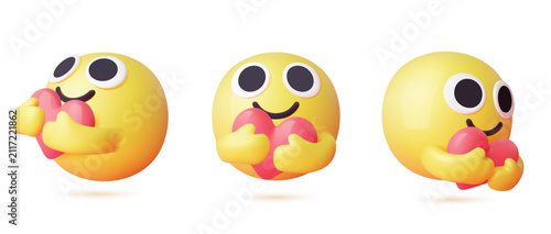 Set of 3d yellow smiley hugging a red heart with closed smiling eyes Emoji expressions