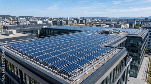 Aerial view of solar panels on commercial building roof, renewable energy, photovoltaic system, sustainable city skyline, green power generation, eco-friendly architecture