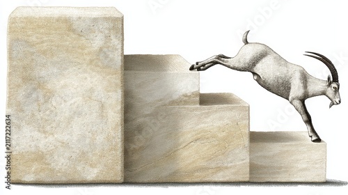 A goat leaps over a stone staircase.