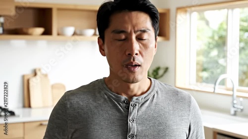 A contemplative Asian man stands inside his domestic kitchen area while taking a deep breath to find inner peace and emotional balance during his busy morning routine at home in the quiet house