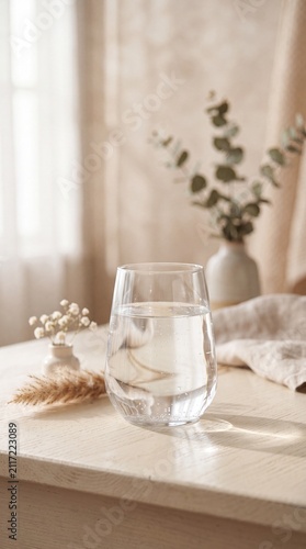 A clear glass of cool water sits on a textured surface, reflecting soft light and accompanied by delicate dried floral arrangements, evoking a sense of refreshing tranquility.