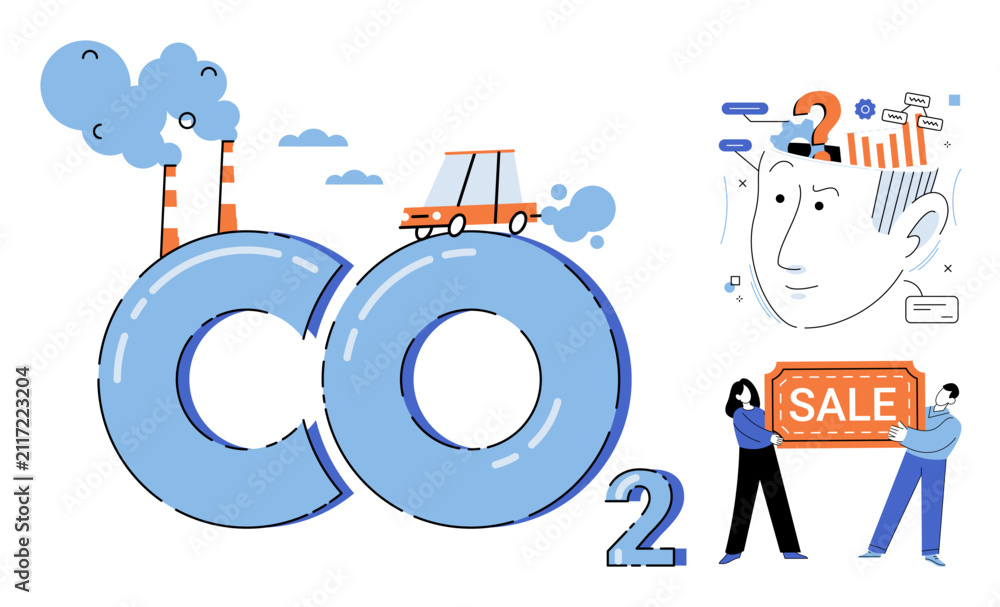 Naklejka premium CO2 emission and environmental pollution vector illustration. Climate change, global warming, industrial impact, carbon footprint, ecological crisis, sustainable future. Carbon dioxide gas exhaust